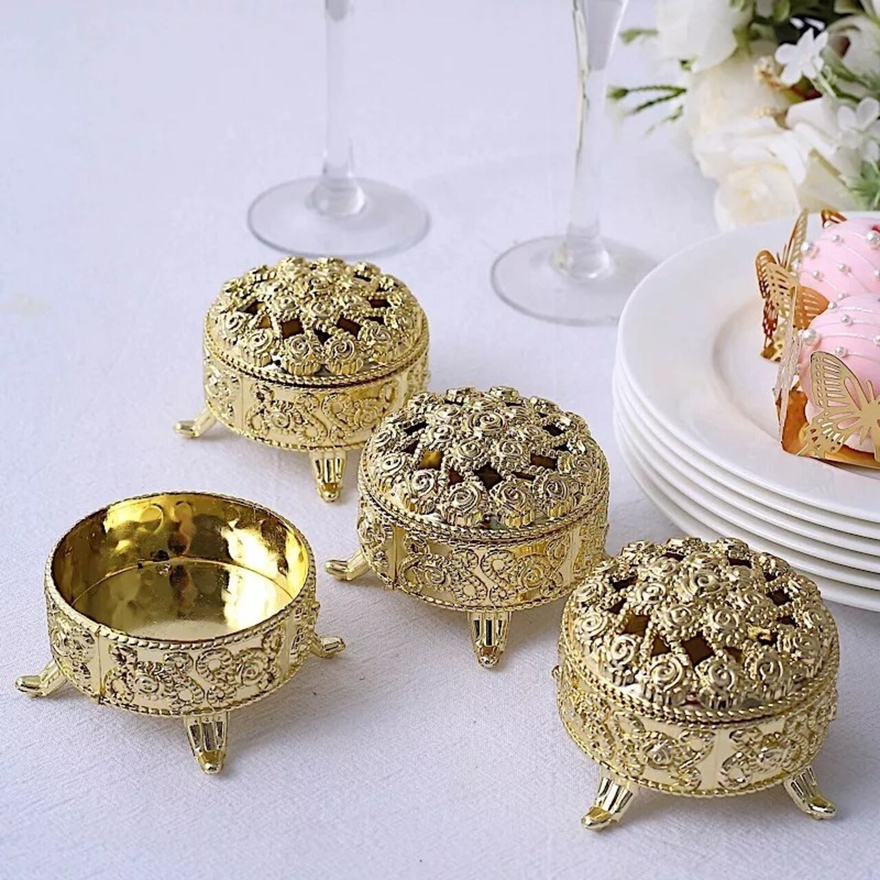 GOLD 12 Metallic 2.5" Mini Round Gift Boxes Vintage FAVOR HOLDERS